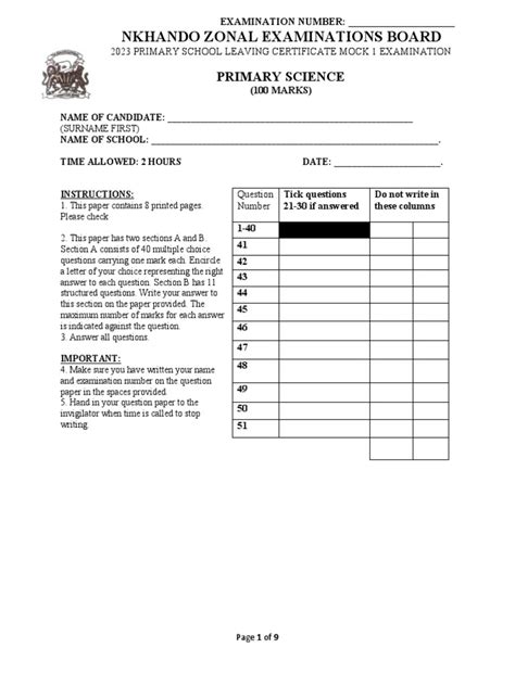 Mock exams 2023 std 8 science. .  ...