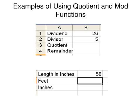 Mod function.  examples, syntax, difference between MOD, QUOTIENT and division Download an...