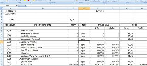 Model Construction Cost Estimate template excel format Civil