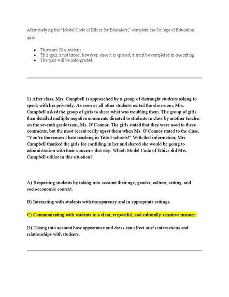 Model code of ethics for educators quiz.  After studying the &ldquo;Model Code of Ethics for Educa...