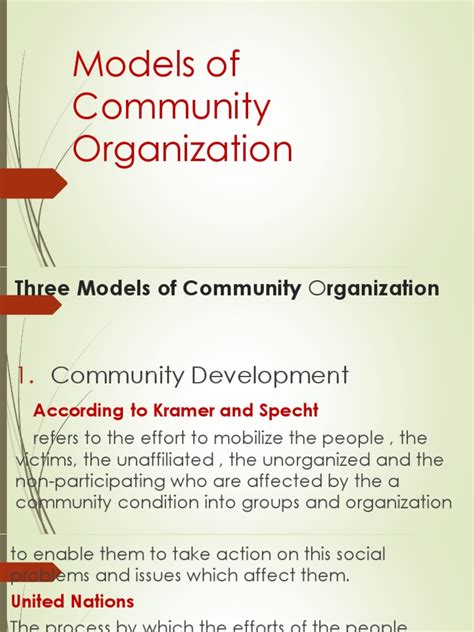 THE COMMUNITY DEVELOPMENT MODEL. 1. The nature of the community development model..... Error! Bookmark not defined. 2. When to use the community development model 3. How to use the community development model 3.1 Step 1: Do a situation-analysis 3.2 Step 2: Identify and analyse the impediments ..... Error! Bookmark not defined.. 