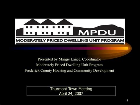 Moderately priced dwelling unit program. The Moderately Priced Dwelling Unit Program (MPDU). This program was established to provide affordable new housing to people with moderate incomes. Program is available to individuals and families earning 80 percent of the median income. 