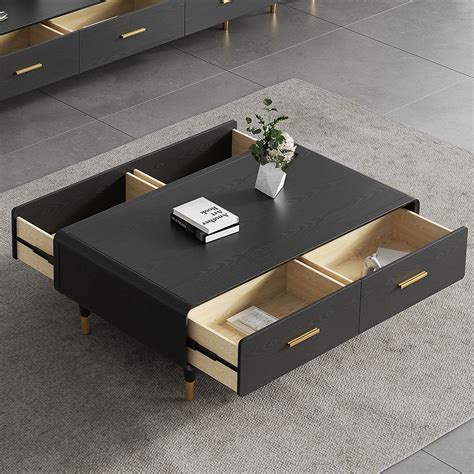 Modern Black Coffee Table with Storage Rectangular Coffee Table with 4