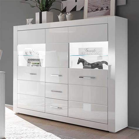 Modern Highboard mit 2 Schubladen & 5 Fächern, Standvitrine