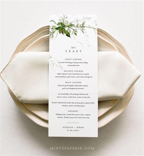 Modern Menu Template, Minimalist Greenery Wedding Dinner Menu Card