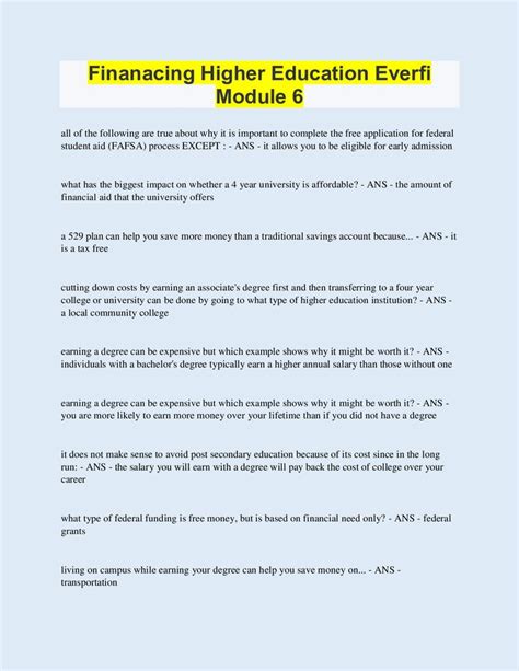 Module 6 financing higher education. Everfi Module 6 Financing Higher Education Answers Quizizz This Will Enable Progression To Higher And Further Education To Take Place In The Normal Way. No of nmr signals in paracetamol lesson 192 patterns of evolution workbook answer key Summer Basketball Camps. Learn vocabulary terms and more with flashcards games … 