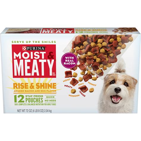 Moist dog food. Purina Moist and Meaty Dog Food Rise and Shine Awaken Bundle | Includes 1 Box of Purina Moist and Meaty Dog Food Pouches (4 LB) | Plus Paw Magnet! 4.0 out of 5 stars. 26. 100+ bought in past month. $34.95 $ 34. 95 ($8.74 $8.74 /lb) Save more with Subscribe & Save. FREE delivery on $35 shipped by Amazon. 