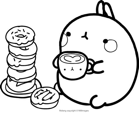 Molang molang having breakfast with donuts and milk coloring page