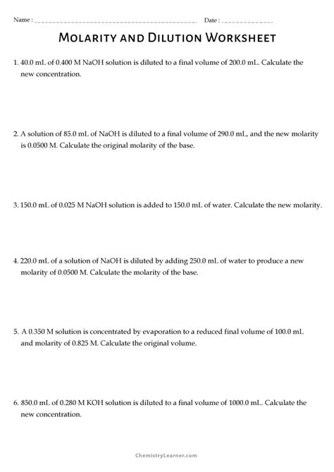 Molarity And Dilution Practice