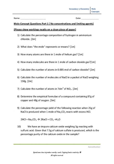 Mole Concept Worksheet Answers