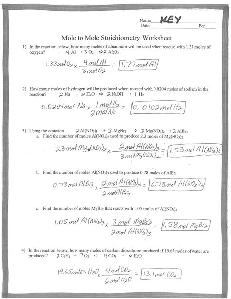 Mole Stoichiometry Worksheet Answers