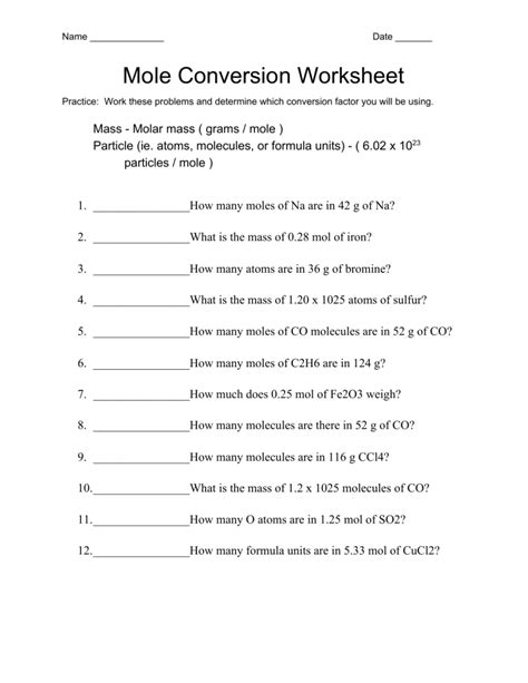 Mole To Mole Conversion Worksheet