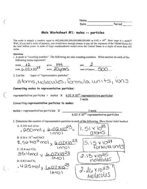 Mole Worksheet 1 Moles To Particles Answers