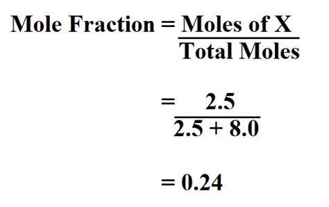 Mole fraction formula. May 1, 2013 · Then, the partial pressure can be calculated by multiplying the mole fraction by the total pressure. Step 2: Solve. XH2 = 1.24 mol 1.24 mol + 2.91 mol = 0.299 XO2 = 2.91 mol 1.24 mol + 2.91 mol = 0.701 PH2 = 0.299 × 104 kPa = 31.1 kPa PO2 = 0.701 × 104 kPa = 72.9 kPa. Step 3: Think about your result. The hydrogen is slightly less than one ... 