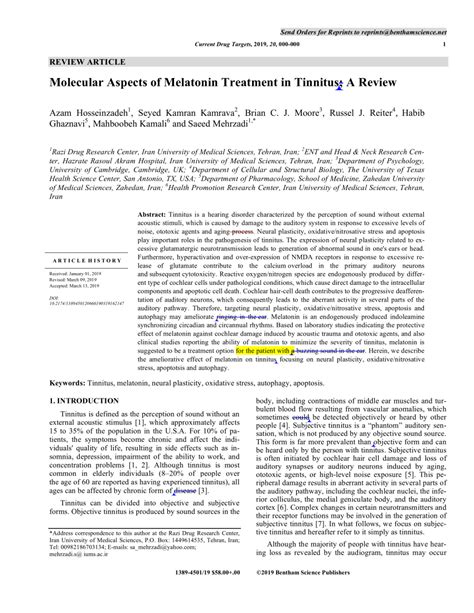 Molecular Aspects of Melatonin Treatment in Tinnitus: A Review