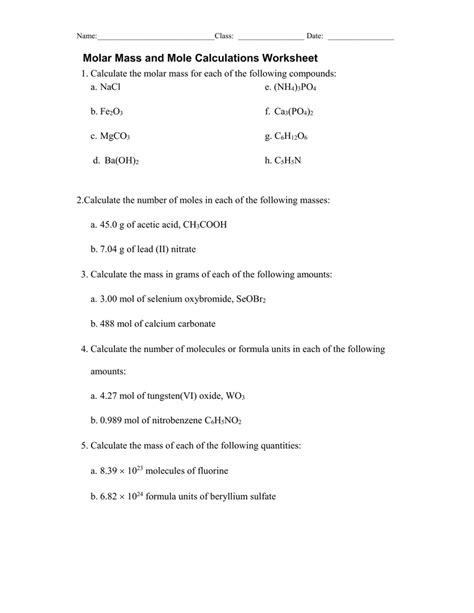 Molecular Mass And Mole Calculations Worksheets - Learny Kids