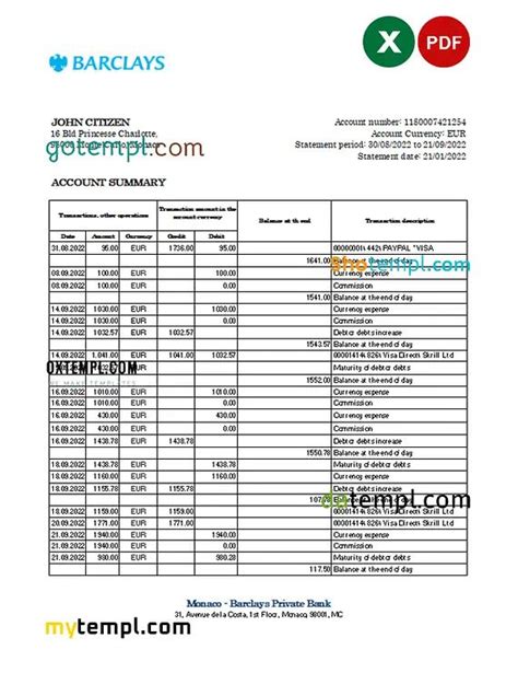 Monaco Barclays Private bank statement Excel and PDF temp...