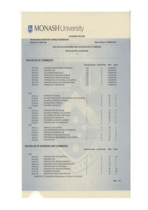 Monash academic transcript