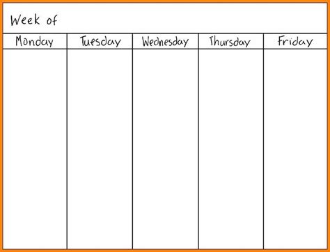 Monday Through Friday Blank Calendar