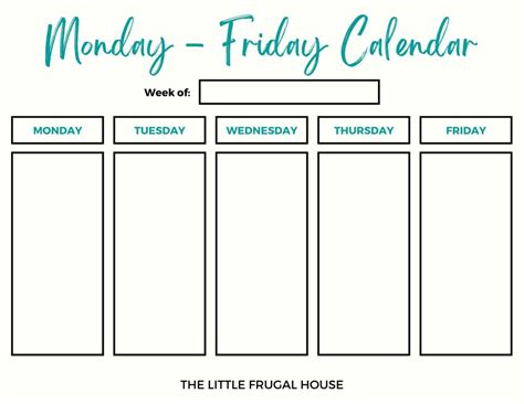 Monday To Friday Calendar Printable