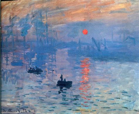 Impression Sunrise by Claude Monet. This work was painted from a hotel window at Le Havre in 1873 (Monet later dated it incorrectly to 1872). It was one of the nine works that he showed at the First Impressionist Exhibition of 1874. Of all those displayed there, this is probably the most famous picture, not so much because of any crucial status ...