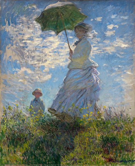 Monet woman with parasol. <p>With Manet's assistance, Monet found lodging in suburban Argenteuil in late 1871, a move that initiated one of the most fertile phases of his career. Impressionism evolved in the late 1860s from a desire to create full–scale, multi–figure depictions of ordinary people in casual outdoor situations. At its purest, impressionism was attuned to landscape painting, a subject Monet favored ... 