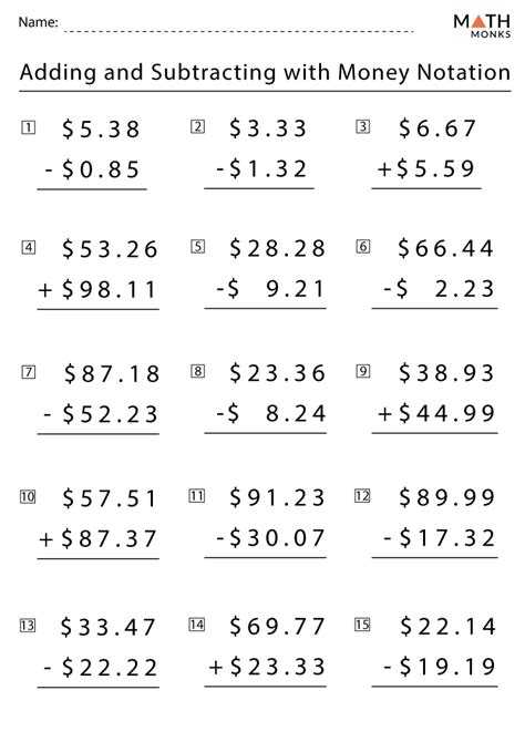 Money Addition and Money Subtraction Math Worksheets