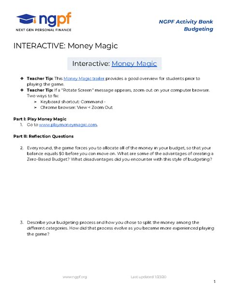 Money Magic Class Work NGPF Activity Bank Budgeting INTERACTIVE