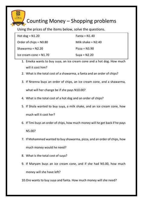 Money Math Word Problems Worksheet Education Com