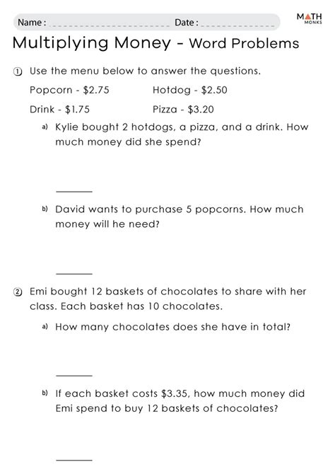 Money Word Problems Worksheets Math Monks
