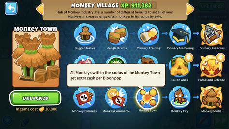 To level both the players and the towers, you need XP, which you can earn using several methods, but there are several fast ways to obtain both. 1. Get Monkey Knowledge in BTD6. To gain more XP in BTD6, players should first check out Monkey Knowledge. Monkey Education is a valuable perk that boosts the XP earning rate of …. Monkey village btd6
