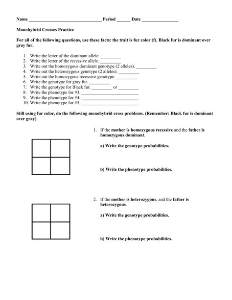 Monohybrid Cross Answer Key Practice Problems Name Monohybrid