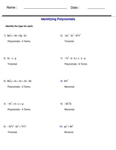 Monomials and Polynomials Worksheets Identifying Type of