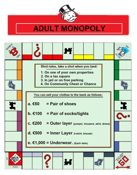 Monopoly board rules. Of course you could always add your own rules too – that’s the beauty of DIY drinking games involving a Monopoly board. Monopoly Drinking Games to Buy. If you fancy something even more fun than a drinking Monopoly game with the standard board, you’ll find several games that have been specially designed with … 