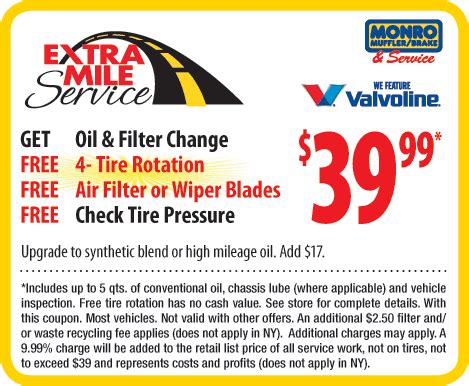 Up To $10 Rebate On Any Oil Change With Valvoline Vperk$ Loyalty Program Sign Up 20 People Used . Expires 12/27/2024 Get Deal . View More Offers . 50% ... Many of our WorthEPenny users report scoring a Monro coupon for 15% to 20% off just for inquiring! Check out Monro social media .