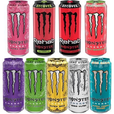Monster Ultra. Java Monster. Juice Monster. Rehab Monster. Monster Hydro. Monster Zero Ultra's variety of sugar-free energy drinks offer a lighter tasting, zero sugar drink with the fully loaded Monster Energy blend.. 