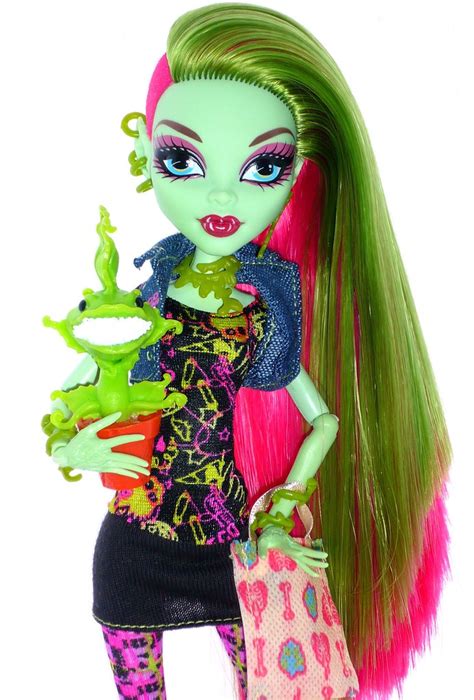 Monster high venus. Product Description. The Monster High dolls are all dressed up for a party with beastie purses to bring their outfits to life! Venus McFlytrap doll looks fashionably fierce wearing a party dress with signature colors, an iconic print and a trendy silhouette. Use the fun snap-in monster-inspired accessories to customize her look. 