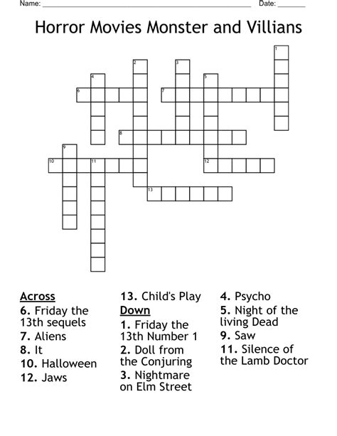 Monster movie crossword clue. All crossword answers with 4-15 Letters for monster Movie found in daily crossword puzzles: NY Times, Daily Celebrity, Telegraph, LA Times and more. Search for crossword clues on crosswordsolver.com 