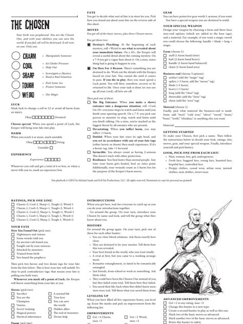 Monster of the week playbooks pdf. This is a character/playbook listing for the Monster of the Week Tabletop RPG.. Core rules playbooks. The Chosen The one with the special destiny. Arch-Enemy: Many Chosen come with a Nemesis to make their lives hell, and that usually won't be taken down until the end of the campaign.; Born Winner: The only playbook whose starting ratings add up to +4, rather than +3 like all other Hunters ... 