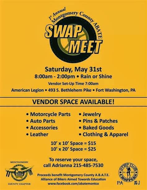 Montgomery county swap meet. Welcome to the 50th annual Tulsa Swap Meet. Held at the Creek County Fairgrounds in Kellyville, Oklahoma, April 19-20, 2024. We have over 900 automotive related vendor spaces, a Motorcycle Swap Meet, Car Corral & RV Spaces. All this in one place at the same time! There will be something for everyone! Gates are open… 