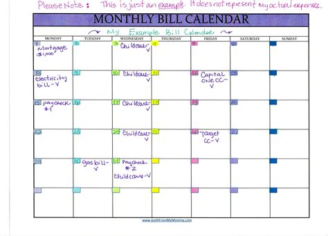 Monthly Bill Calendar