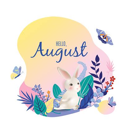 Monthly Calendar Page with Text Hello August and Cute Character Rabbit