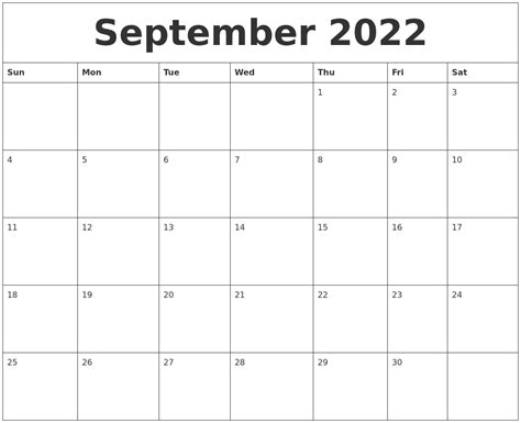 Monthly Calendar Template September 2022