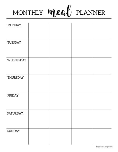 Monthly Meal Calendar Printable