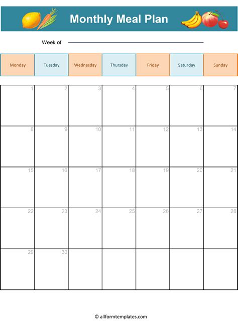 Monthly Meal Planner Template Free Printable