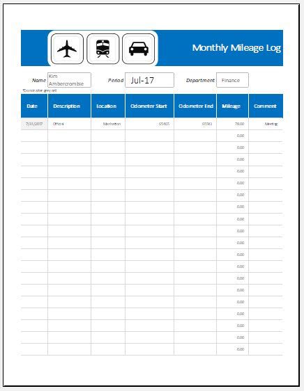 Monthly Mileage Log Sheet MS Excel Templates