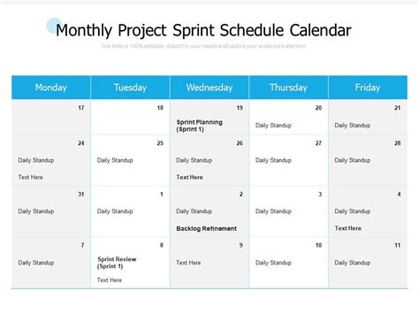 Monthly Project Sprint Schedule Calendar PowerPoint Slide
