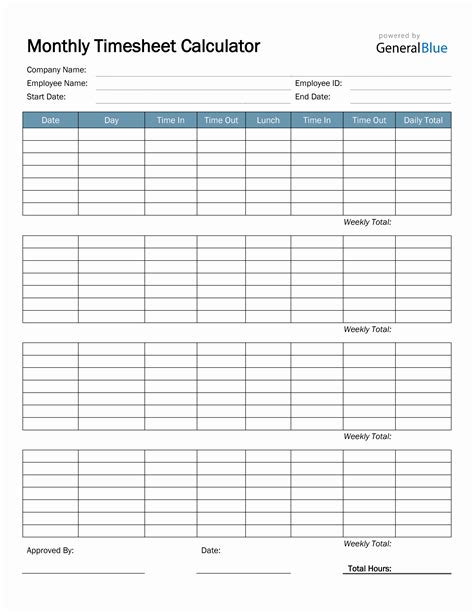 Monthly Timesheet Calculator in PDF (Basic)