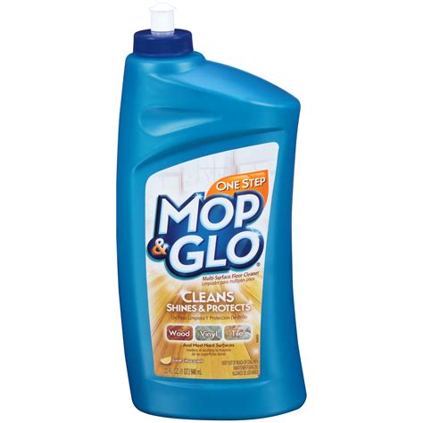 Mop n glo. The water should be cool enough that you can submerge your hands in it. The vinegar is acidic and it brings up the waxy residue from the Mop and Glo. 4. Add several drops of lemon, orange or clove essential oils. These oils subdue the harsh vinegar smell. 5. Fill another bucket with clean warm water for rinsing. 