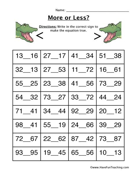 More or Less Worksheet TENS Have Fun Teaching